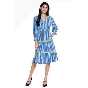 JOHN MARK Striped V Neck Tiered Midi Dress Blue Yellow Embellished Size L